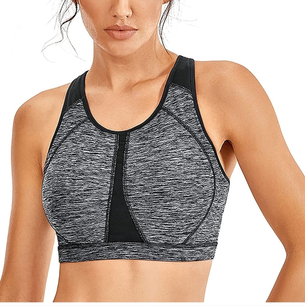 High Support Heathered Gray Sports Bra - Black Trim